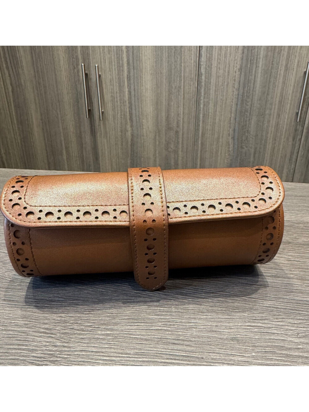 WOLF Brogue Triple Watch Roll with Hidden Capsule in Burnished Brown, 443306